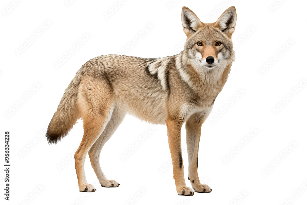 Realistic PNG of a coyote standing alert with transparent background for easy integration into designs Realistic PNG of a coyote standing alert with transparent background for easy integration into designs
