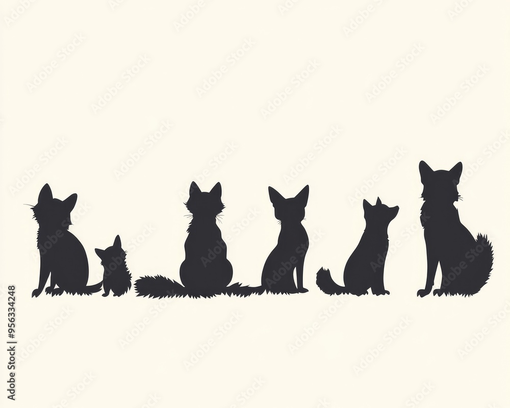 Line art illustration depicting the silhouettes of various pets along with a fox Line art illustration depicting the silhouettes of various pets along with a fox