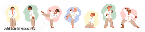 Set of vector illustrations boys and girls in kimonos in various poses, demonstrating karate skills