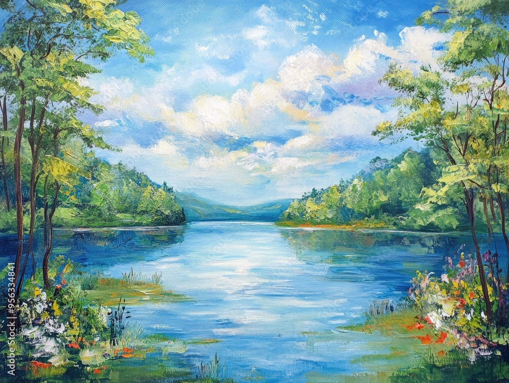 Oil painting depicting a serene lake view surrounded by lush trees and vibrant clouds showcasing tranquil natural beauty Oil painting depicting a serene lake view surrounded by lush trees and vibrant clouds showcasing tranquil natural beauty