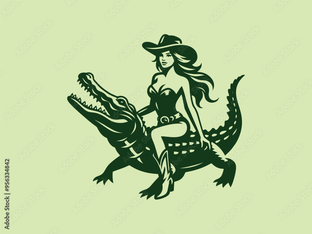 Obraz premium Beautiful cowgirl woman riding an alligator. vintage black and white engraving vector isolated illustration, logo, emblem, cut out, woodcut. Print, tattoo
