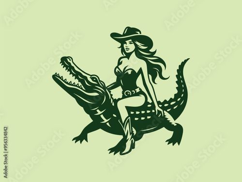  Beautiful cowgirl woman riding an alligator. vintage black and white engraving vector isolated illustration, logo, emblem, cut out, woodcut. Print, tattoo