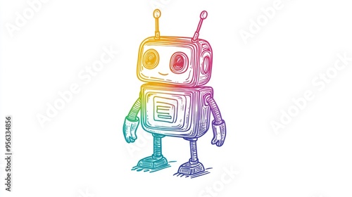 Line art illustration featuring a rainbow gradient of a cartoon robot in a playful design