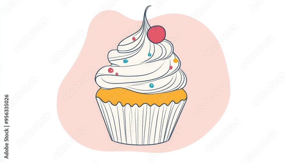 Line art illustration of a whimsical cupcake in a playful style Line art illustration of a whimsical cupcake in a playful style