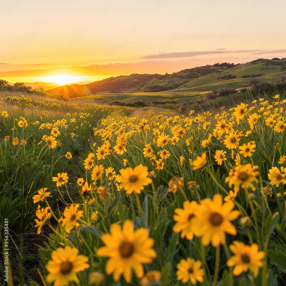 Fototapeta premium Sprawling Field of Bright Yellow Flowers Under a Colorful Sunset Sky