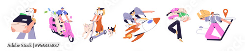 Set of couriers delivers parcels, orders. Deliveryman carries boxes by scooter. Mailman delivery letters by moped. Logistic service concept. Flat isolated vector illustrations on white background