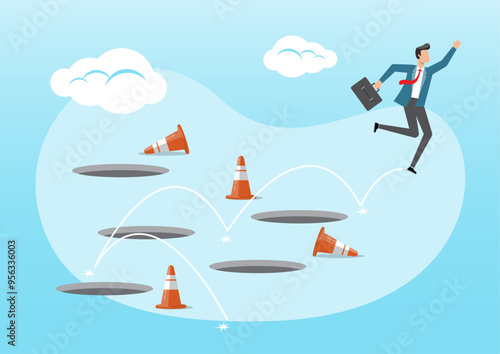 smart businessman jump pass many pitfalls to achieve business success