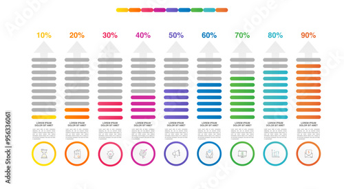 Presentation of modern vector infographic. Business template with 9 steps, arrows with illustration Infographic for bar graph, chart, app, slides. Progress bar with nine steps percentage diagrams.