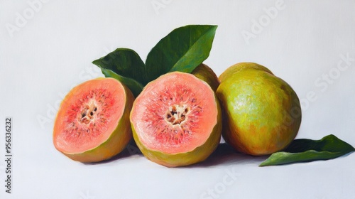 Oil painting depicting fresh guava fruit isolated on a white background showcasing a variety of appetizing qualities photo