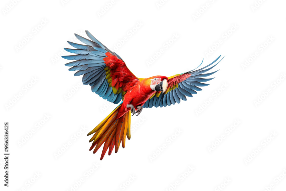Obraz premium The image features a red scarlet macaw bird, its wings spread out. Suitable for website backgrounds or marketing materials for nature, wildlife, tropical themes, and bird enthusiasts