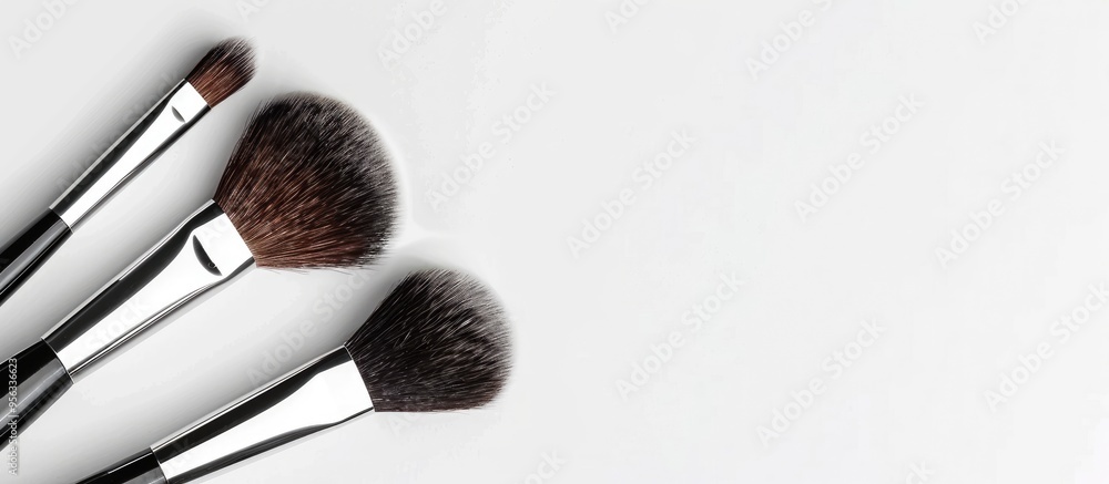 Close up flat lay image of two makeup brushes of different sizes isolated on a white background with copy space image Close up flat lay image of two makeup brushes of different sizes isolated on a white background with copy space image