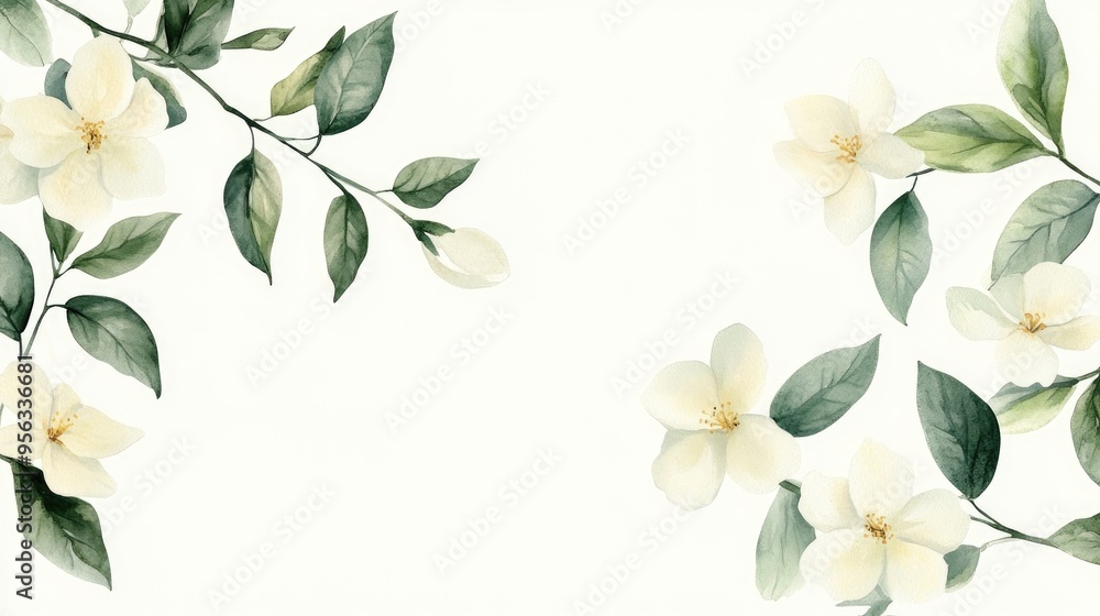 Fototapeta premium White floral elements with green citrus foliage watercolor illustration on a light background suitable for various design applications including stickers embroidery and printing on textiles and pac