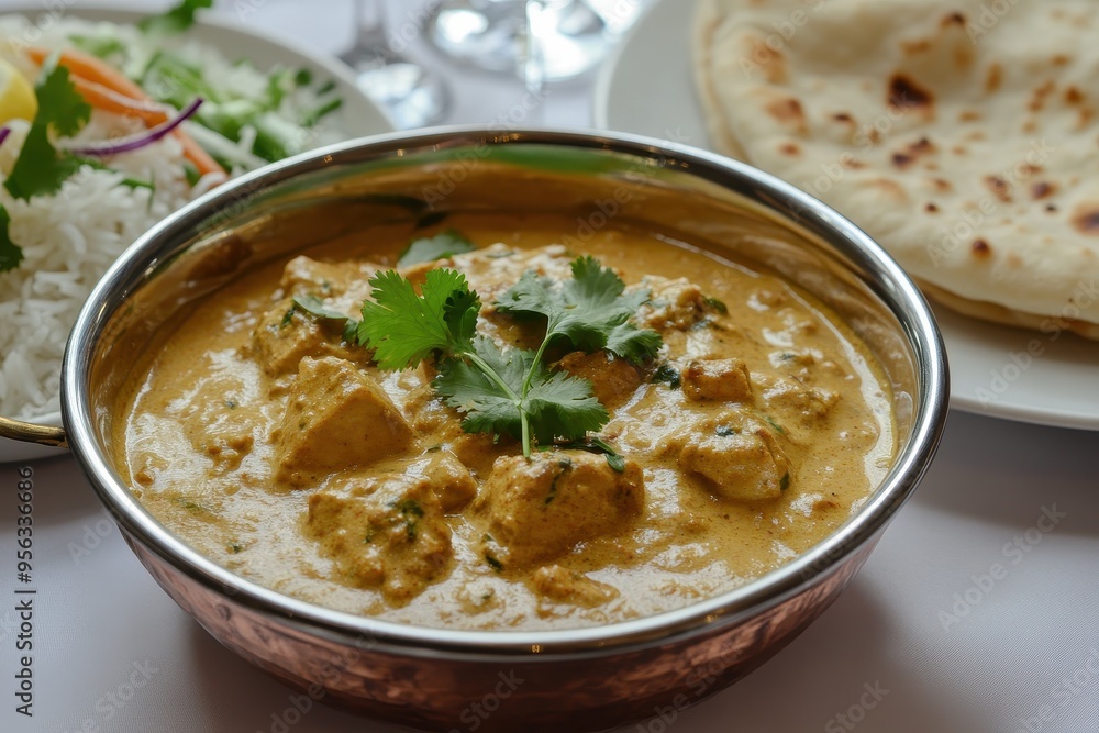 A delicious curry dish served with rice, salad, and naan bread. A delicious curry dish served with rice, salad, and naan bread.