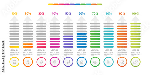 Presentation of modern vector infographic. Business template with 10 steps, arrows with illustration Infographic for bar graph, chart, app, website. Progress bar with ten steps percentage diagrams.