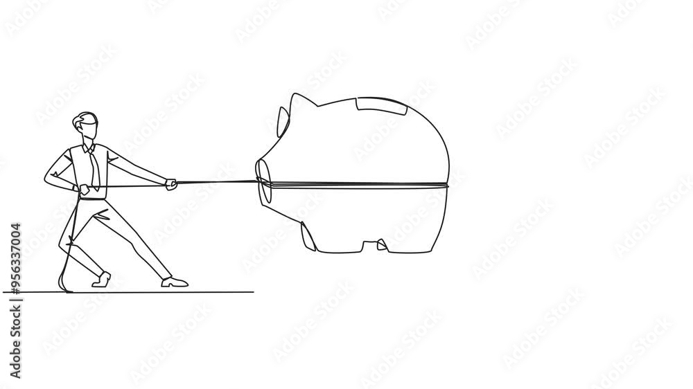 Self drawing animation of continuous one line drawing two businessmen fighting over piggy bank. Competition for investment. Trying to get good life in retirement. Decent old age. Full length animated