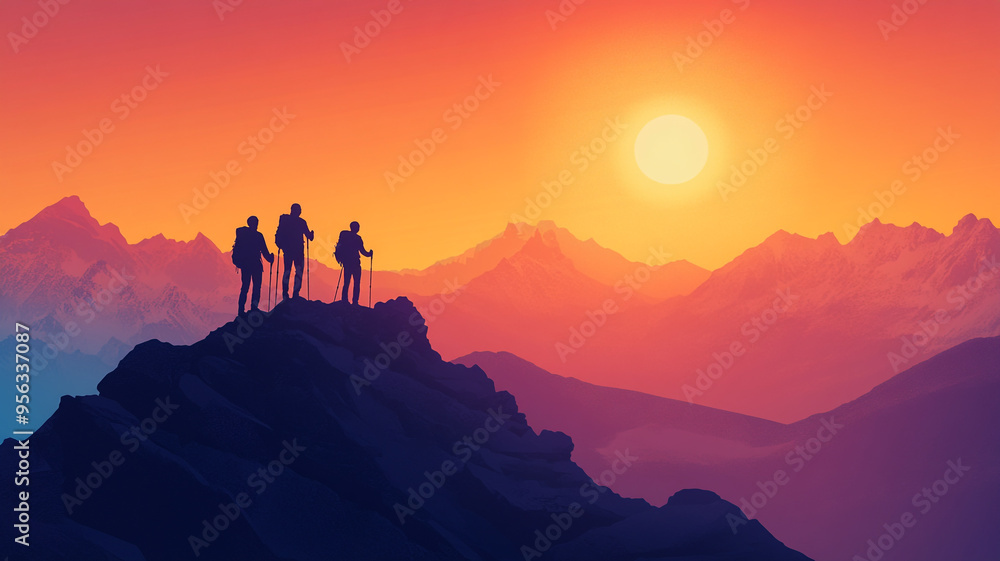 Hikers admire a vibrant sunset from a mountain peak in a serene landscape Hikers admire a vibrant sunset from a mountain peak in a serene landscape
