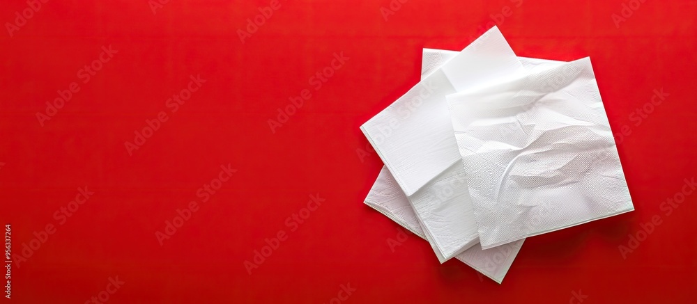Top view white paper napkins contrast against a bold red backdrop offering ample copy space image Top view white paper napkins contrast against a bold red backdrop offering ample copy space image