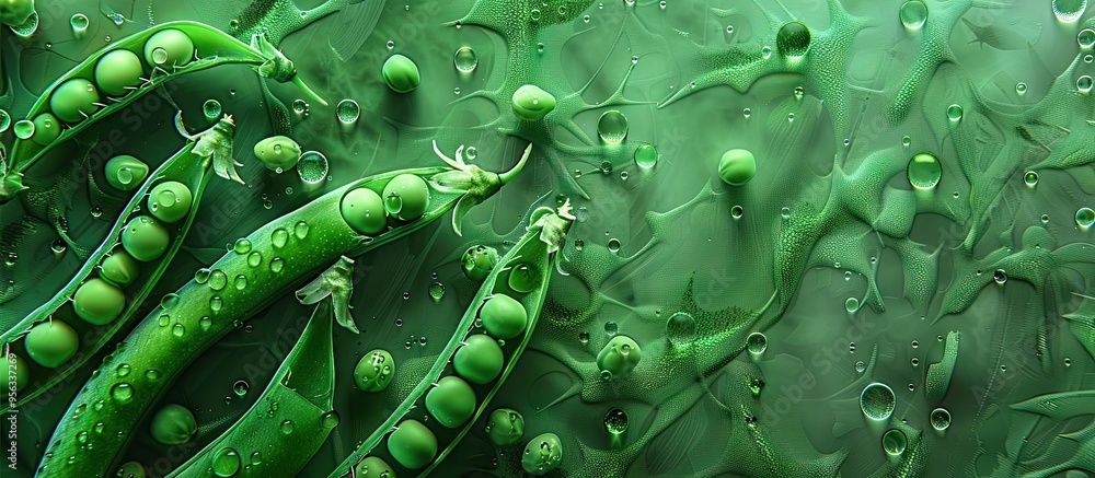 A vibrant image showcasing fresh organic green peas with pea pods viewed from the top on a lush green background providing copy space for a captivating composition A vibrant image showcasing fresh organic green peas with pea pods viewed from the top on a lush green background providing copy space for a captivating composition