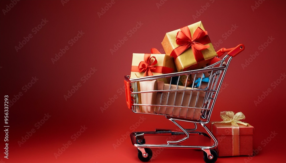 Shopping cart filled with presents isolated background. ai generated Shopping cart filled with presents isolated background. ai generated