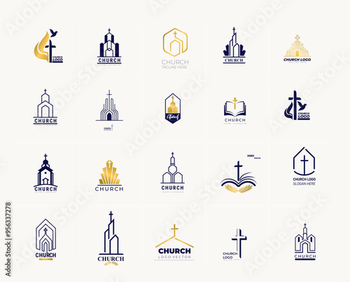 Big set Cross logo design template. Church religious christian logo design. Church Logo Design. Vector christian symbols. Cross on Top Tower Roof Building for Christian Church Community.