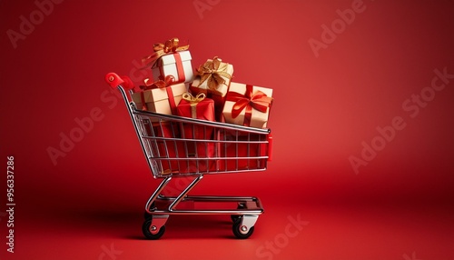 Shopping cart filled with presents isolated on blue background. ai generated