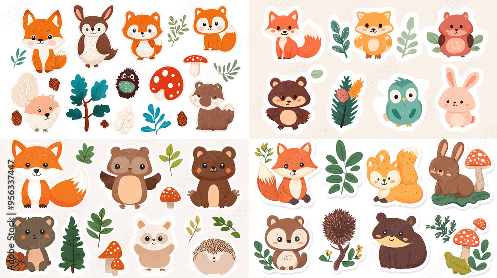Fototapeta premium Cute wild animal stickers: fox, bear, rabbit, owl, hedgehog, jungle theme, isolated on a white background.