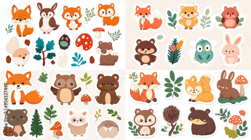 Cute wild animal stickers: fox, bear, rabbit, owl, hedgehog, jungle theme, isolated on a white background.