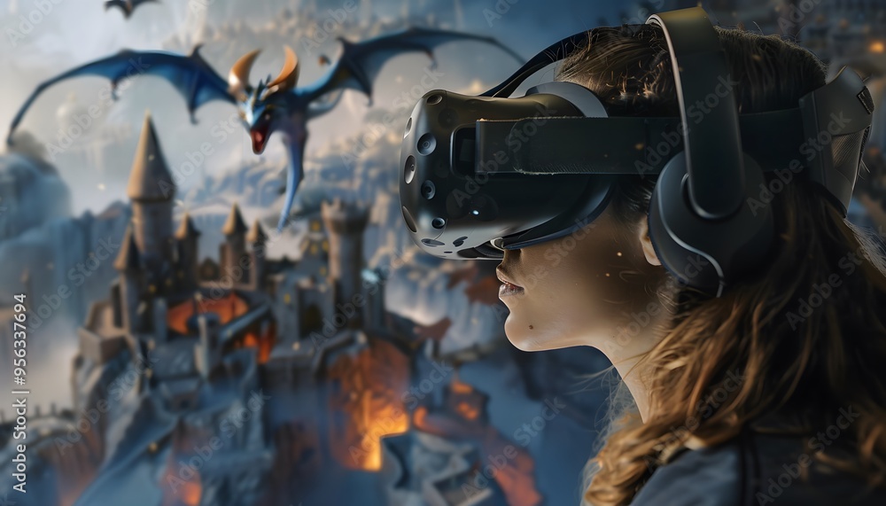 A woman immersed in a virtual reality fantasy game, experiencing a dragon flying over a medieval castle. A woman immersed in a virtual reality fantasy game, experiencing a dragon flying over a medieval castle.
