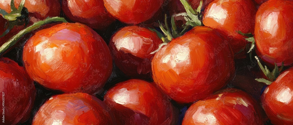 Close up oil painting featuring vibrant red tomatoes highlighting aspects of farming agriculture and fresh produce techniques Close up oil painting featuring vibrant red tomatoes highlighting aspects of farming agriculture and fresh produce techniques