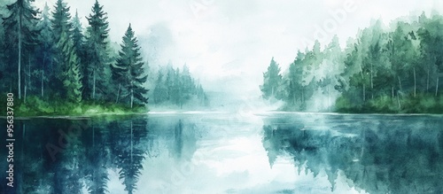 Watercolor landscape of a forest lake