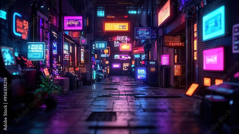 A cyberpunk street market with digital signs showing flash deals, dark, neon, vibrant colors A cyberpunk street market with digital signs showing flash deals, dark, neon, vibrant colors