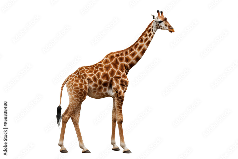 Naklejka premium Giraffe standing tall with distinctive spotted pattern, isolated on a transparent PNG background for design projects.