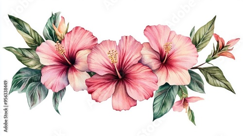 Watercolor pink hibiscus clipart featuring floral illustrations Compositions of hibiscus and leaves Tropical floral wreath and exotic botany design Summer flower arrangement with paradise plants