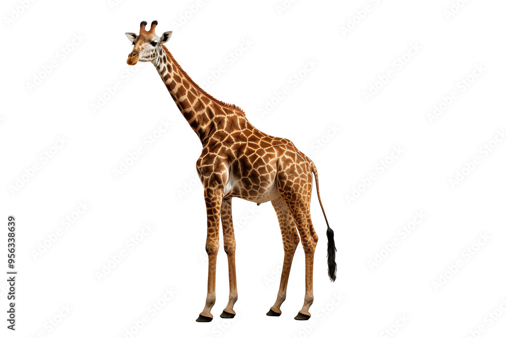 Fototapeta premium Giraffe standing tall with distinctive spotted pattern, isolated on a transparent PNG background for design projects.