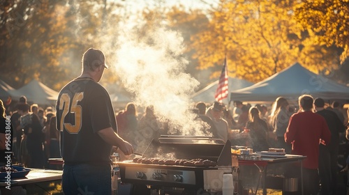 Outdoor tailgate party with barbecue and vibrant crowd. Barbecuing before game