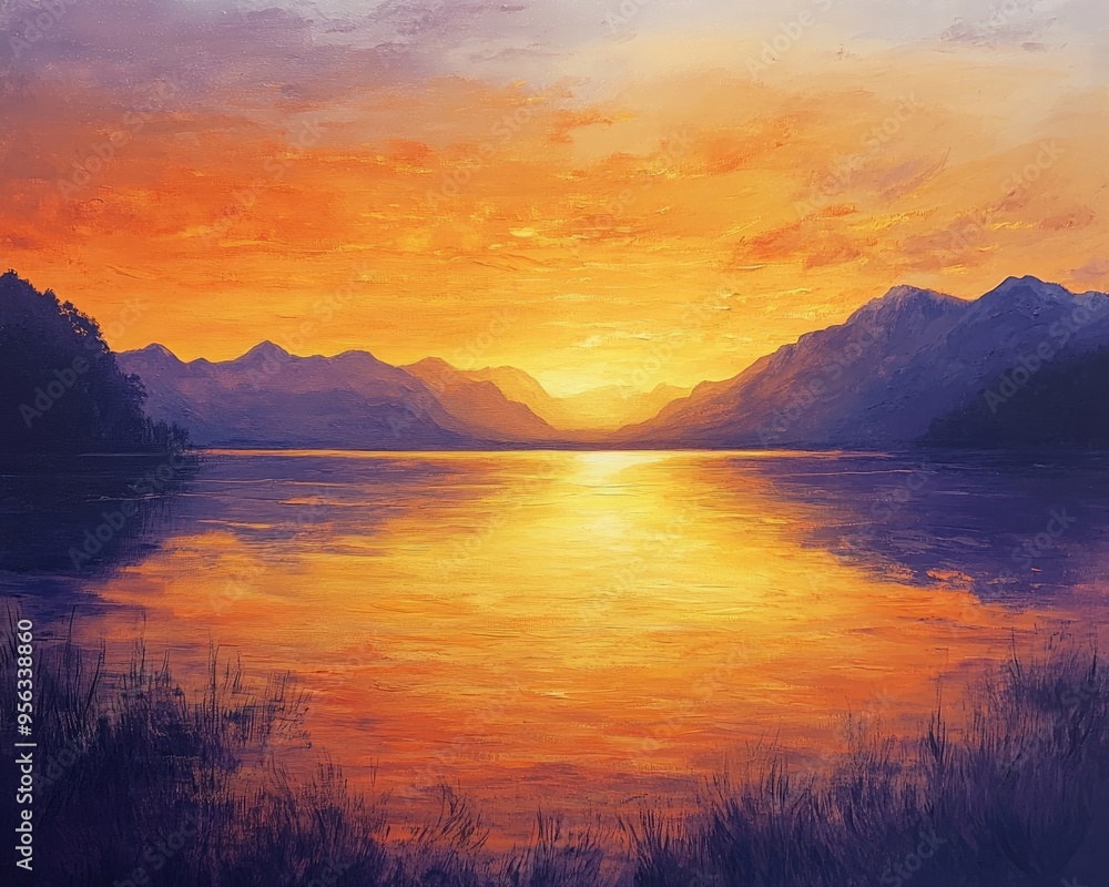 Oil painting depicting a sunrise scene over tranquil waters with mountains in the background creating a serene and vibrant landscape Oil painting depicting a sunrise scene over tranquil waters with mountains in the background creating a serene and vibrant landscape