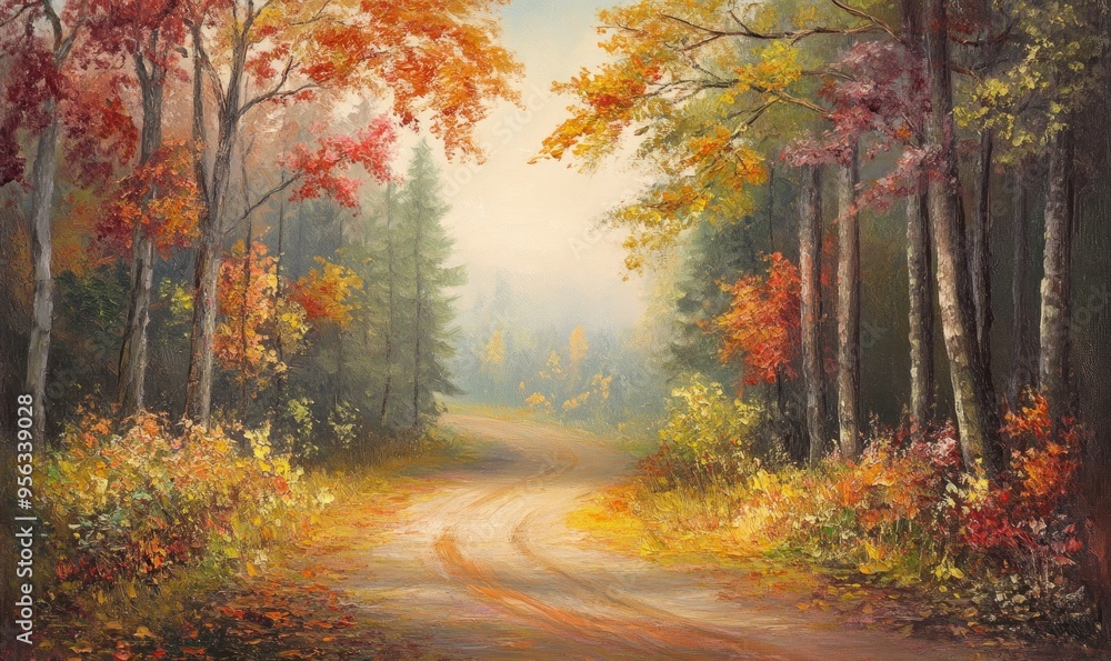 Fototapeta premium Oil painting depicting an autumn landscape with a scenic forest road and colorful foliage along the pathway