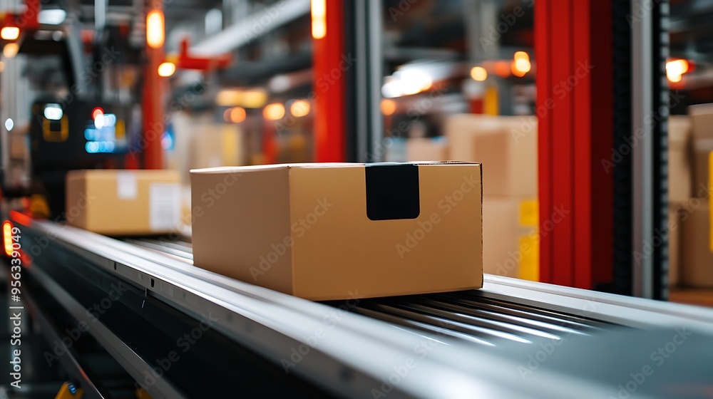Box Moving on Conveyor Belt in Warehouse Automation System Box Moving on Conveyor Belt in Warehouse Automation System
