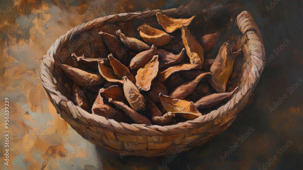 Oil painting depicting a basket filled with dried tamarind pods Oil painting depicting a basket filled with dried tamarind pods