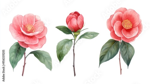 Watercolor illustration set of Camelia botanical flowers