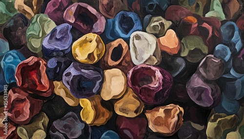 Oil painting showcasing a variety of unlabelled dates stacked together highlighting their unique shapes and colors photo