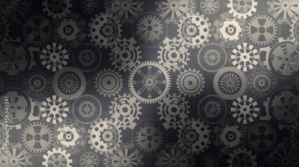 Gradient Background from Dark Grey to Light with Subtle Patterns of Gears and Cogs Symbolizing Hard Work and Engineering (Labor Day Background). Gradient Background from Dark Grey to Light with Subtle Patterns of Gears and Cogs Symbolizing Hard Work and Engineering (Labor Day Background).