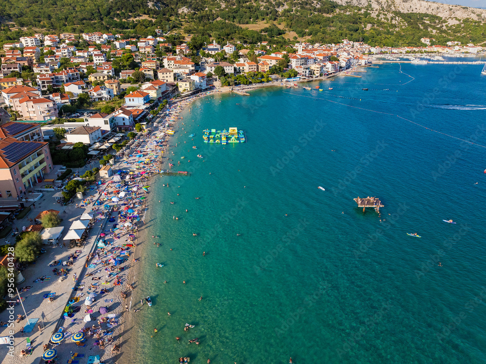 Aerial view Vela plaza Beach in Baska Town, Krk Island in Croatia Aerial view Vela plaza Beach in Baska Town, Krk Island in Croatia