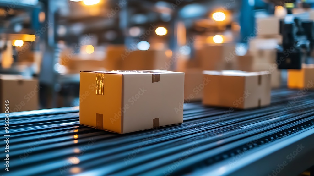 Photo of Cardboard Boxes on a Conveyor Belt in a Warehouse Photo of Cardboard Boxes on a Conveyor Belt in a Warehouse