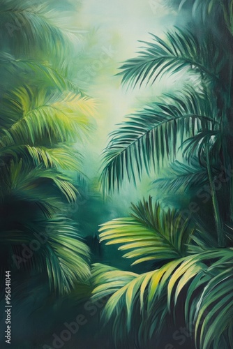 Oil painting depicting a lush green tropical backdrop featuring palm leaves in a garden setting showcasing natural elements and tranquility