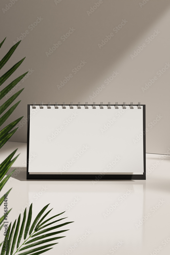 A blank desk calendar standing on a table with a palm leaf on either side A blank desk calendar standing on a table with a palm leaf on either side