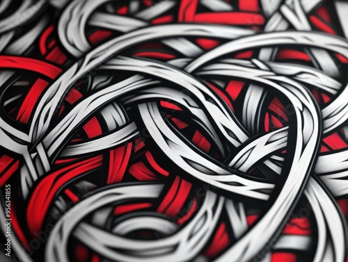 Abstract Red and White Interwoven Lines on Black Background - Modern Digital Art photo