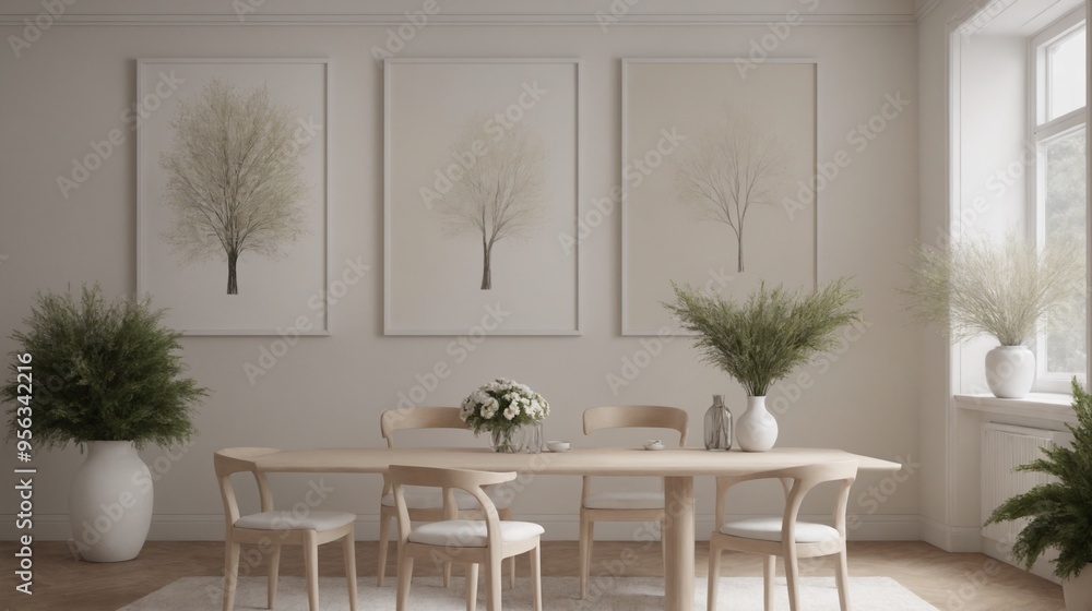 Fototapeta premium High-resolution dining area with photo frames on the wall, other accessories interior design image template. Dining room interior image.