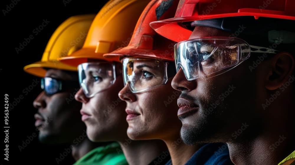 Fototapeta premium Portrait of workers wearing helmets in diverse group of team on construction site.