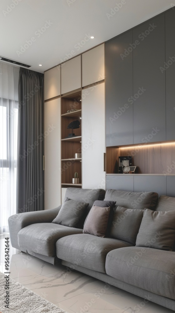 Modern Living Room with Grey Sectional Sofa and Built-in Shelving Modern Living Room with Grey Sectional Sofa and Built-in Shelving